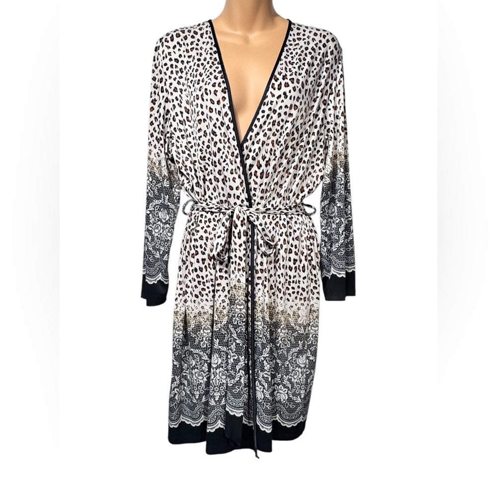 Linea Donatella Satin Robe Large Cream Black Romantic Tie Feminine Animal Print